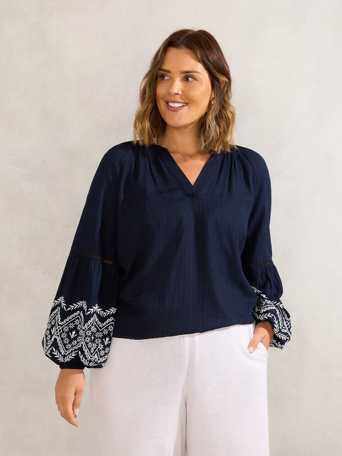 Navy Embroidered Sleeve Top