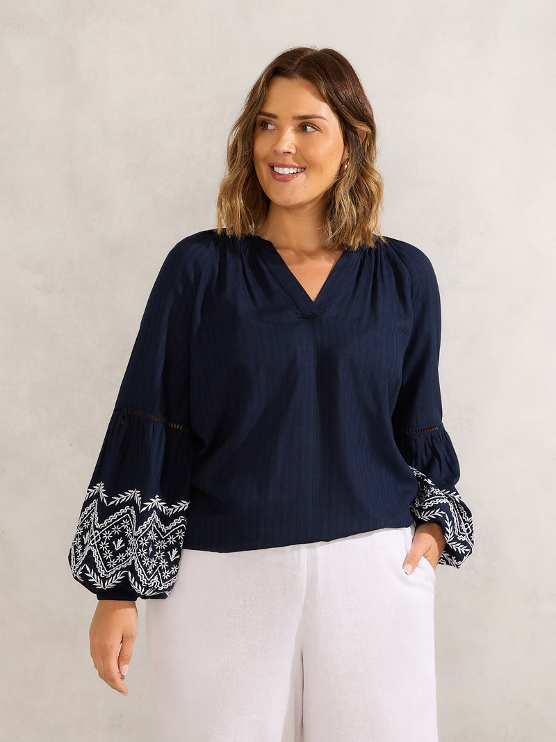 Navy Embroidered Sleeve Top