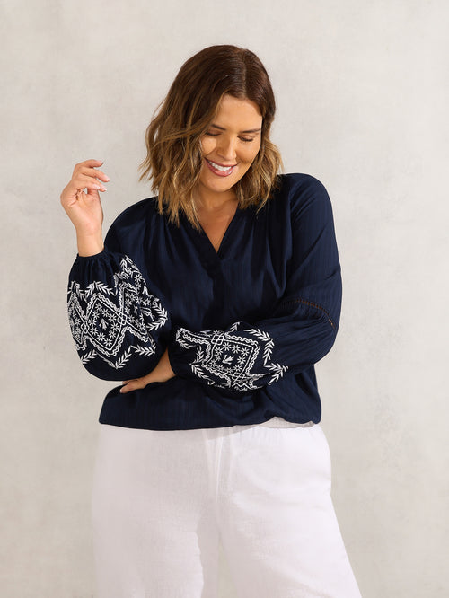 Navy Embroidered Sleeve Top