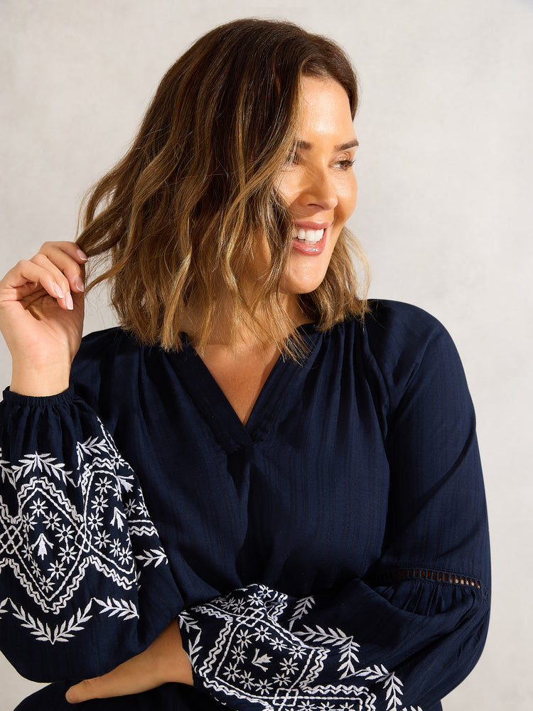 Navy Embroidered Sleeve Top