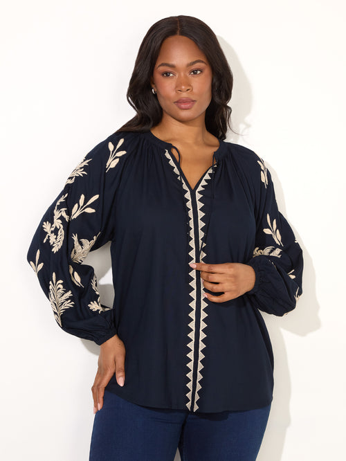 Navy Embroidered Sleeve Tie Neck Top