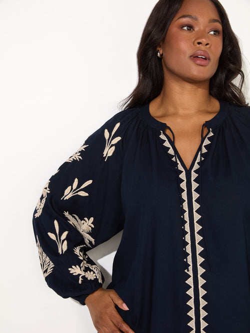 Navy Embroidered Sleeve Tie Neck Top