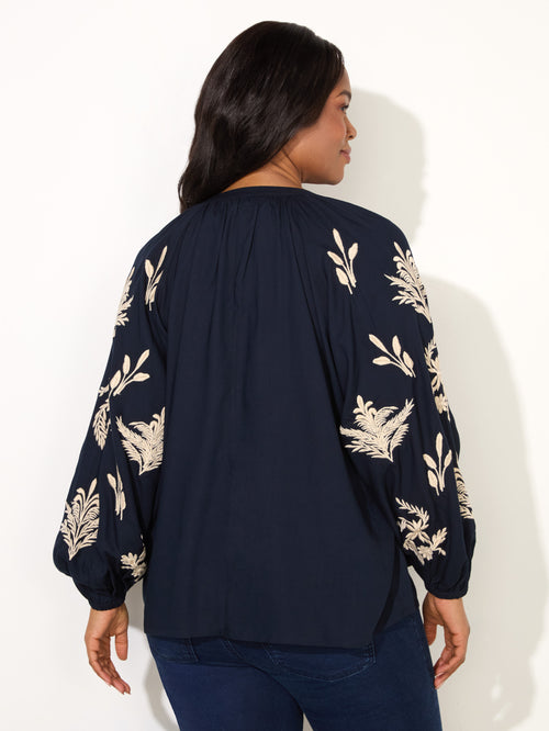 Navy Embroidered Sleeve Tie Neck Top