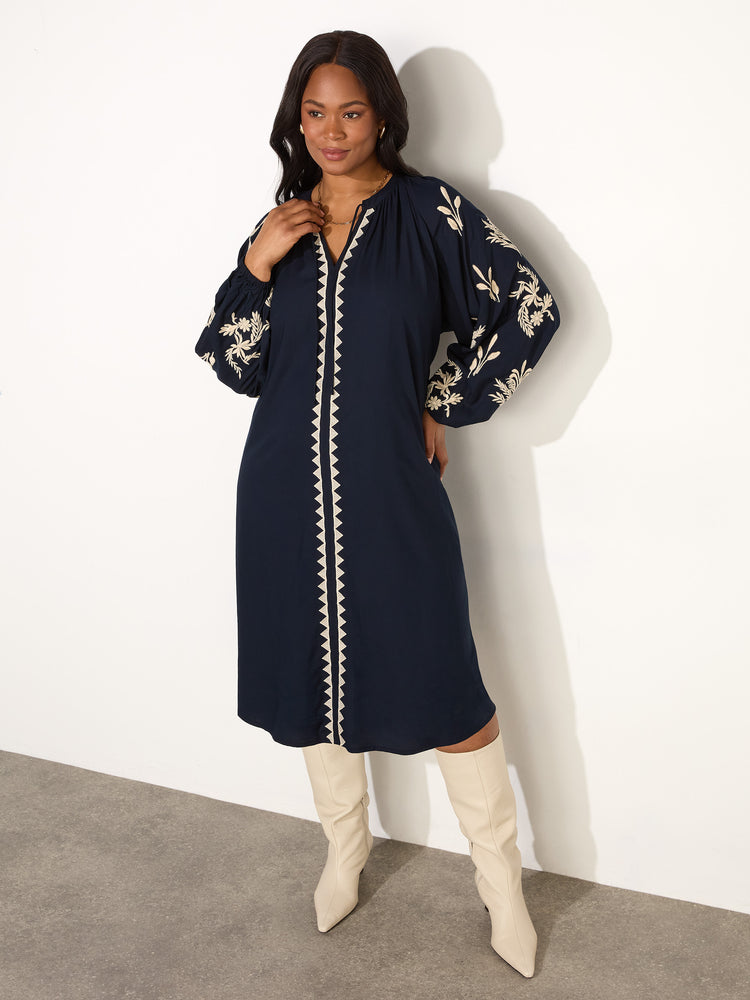 Navy Embroidered Sleeve Tie Neck Dress