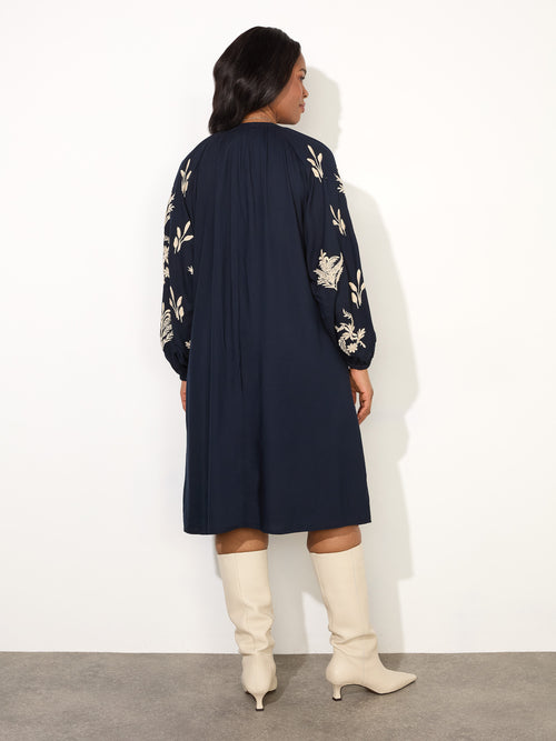 Navy Embroidered Sleeve Tie Neck Dress