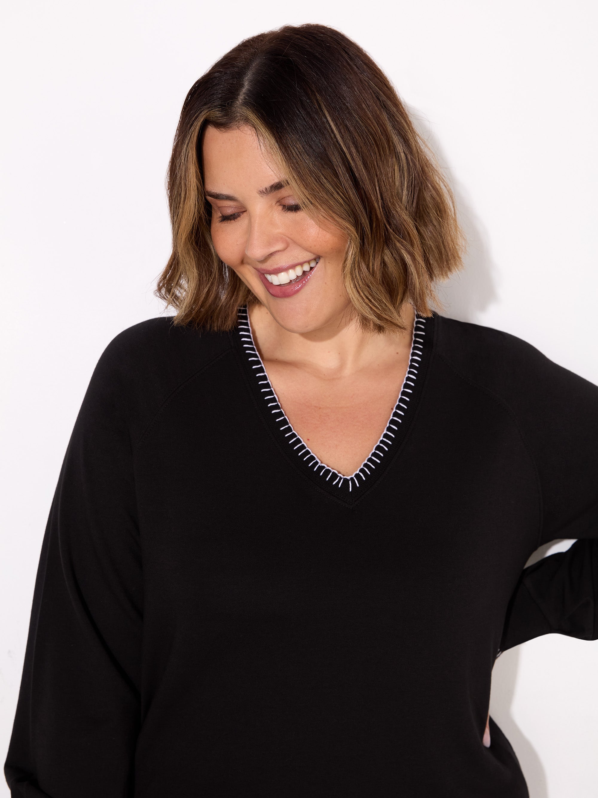 Black Blanket Stitch Modal V-Neck Sweatshirt