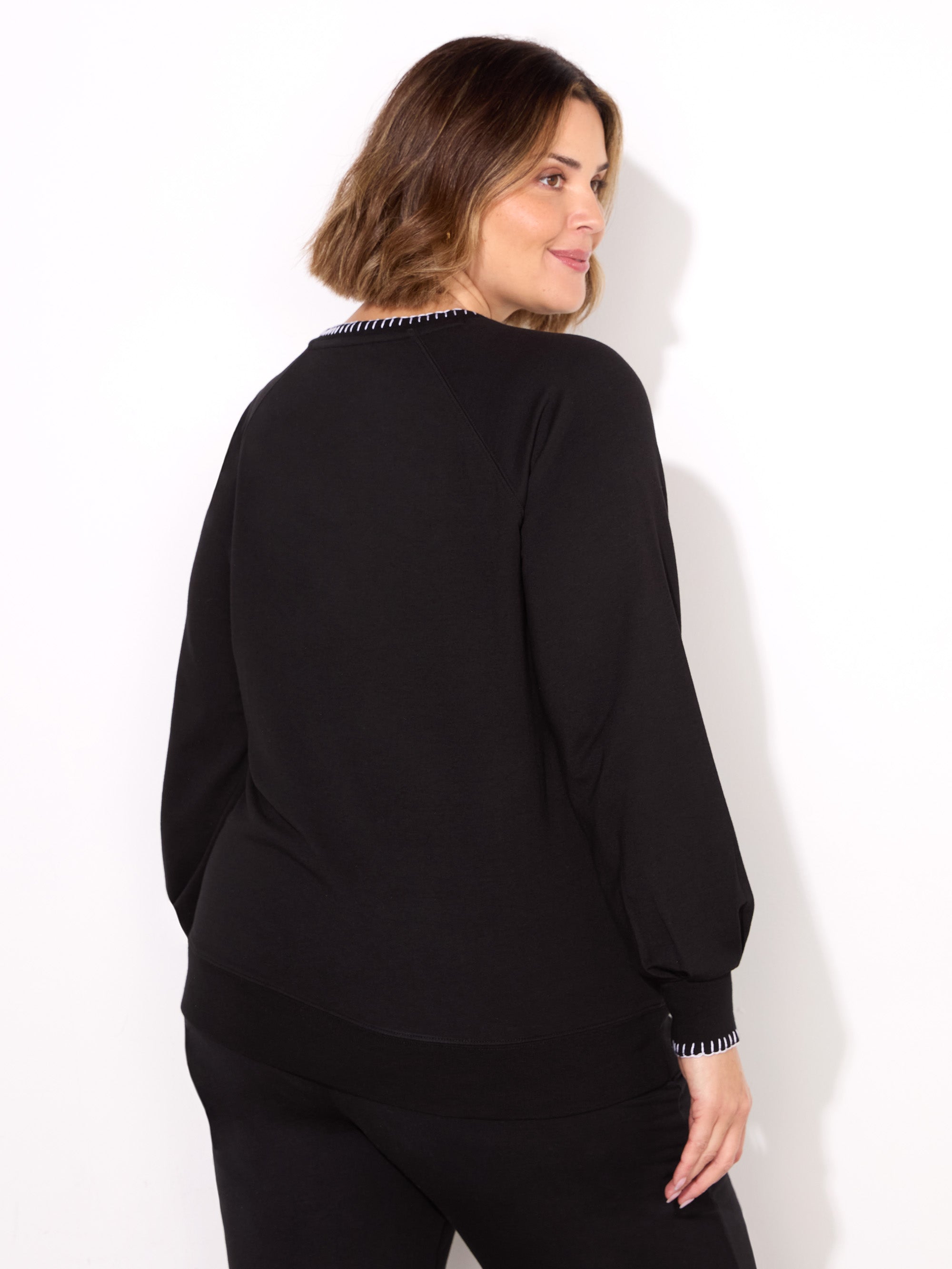 Black Blanket Stitch Modal V-Neck Sweatshirt