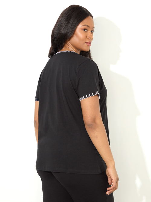 Black Blanket Stitch Cotton V-Neck  T-Shirt