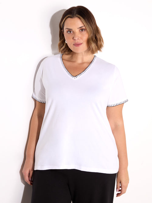 White Blanket Stitch Cotton V-Neck T-Shirt