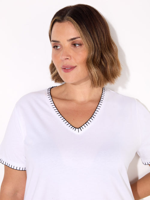 White Blanket Stitch Cotton V-Neck T-Shirt