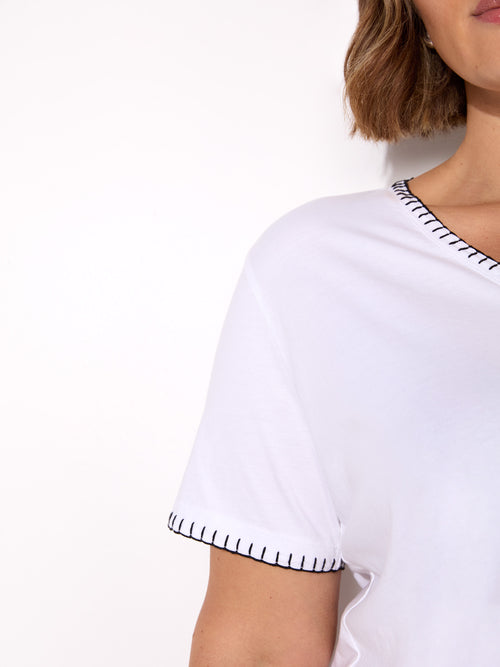 White Blanket Stitch Cotton V-Neck T-Shirt