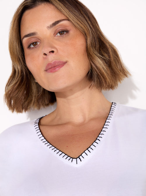 White Blanket Stitch Cotton V-Neck T-Shirt