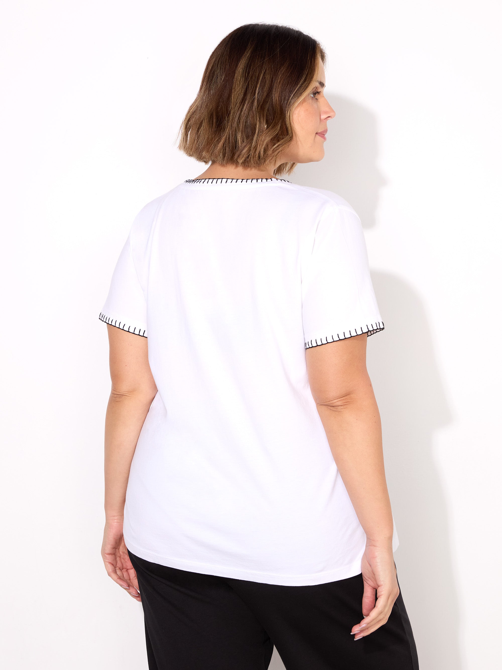 White Blanket Stitch Cotton V-Neck T-Shirt