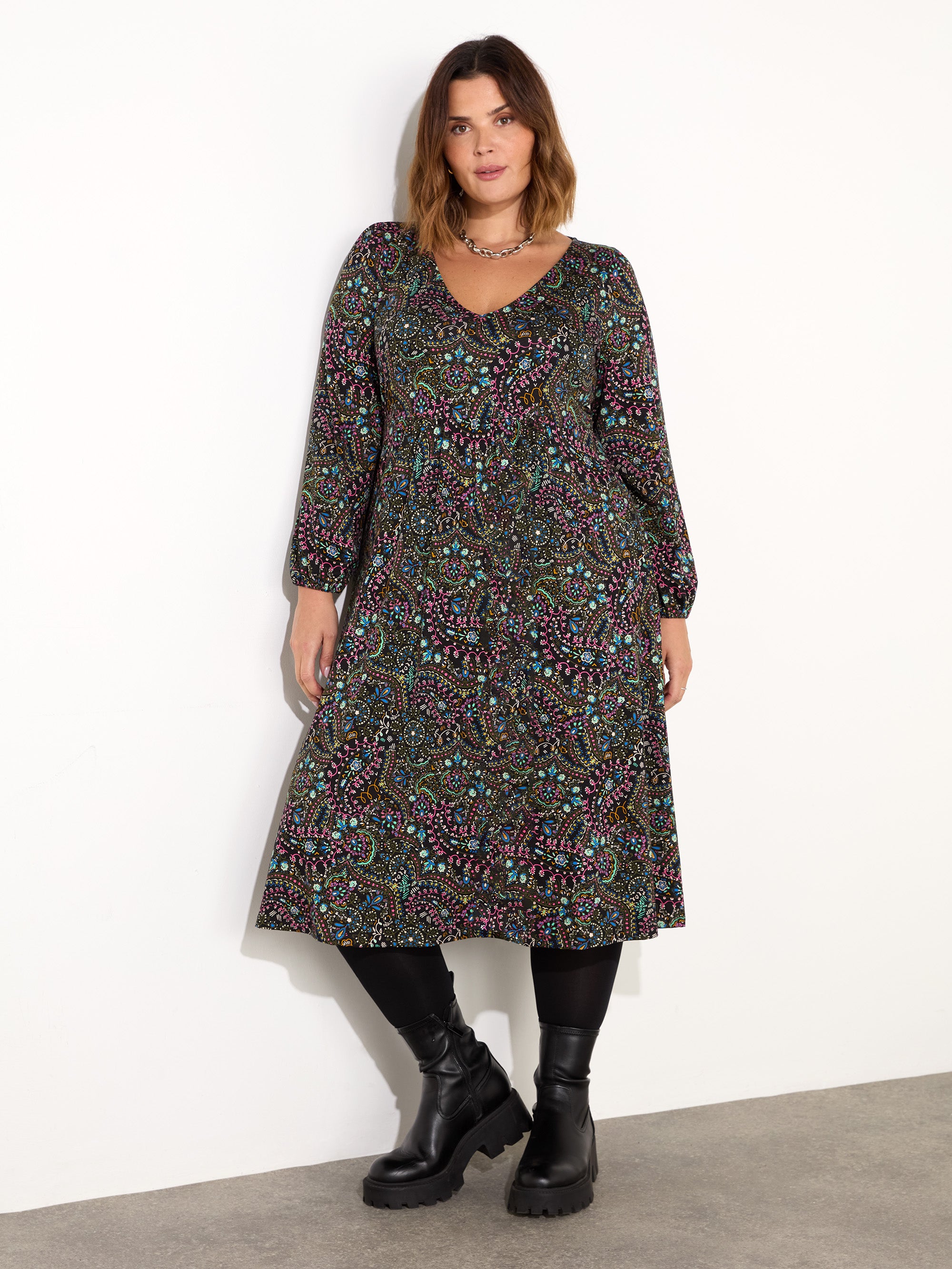 Multi Paisley Gathered V-Neck Jersey Dress