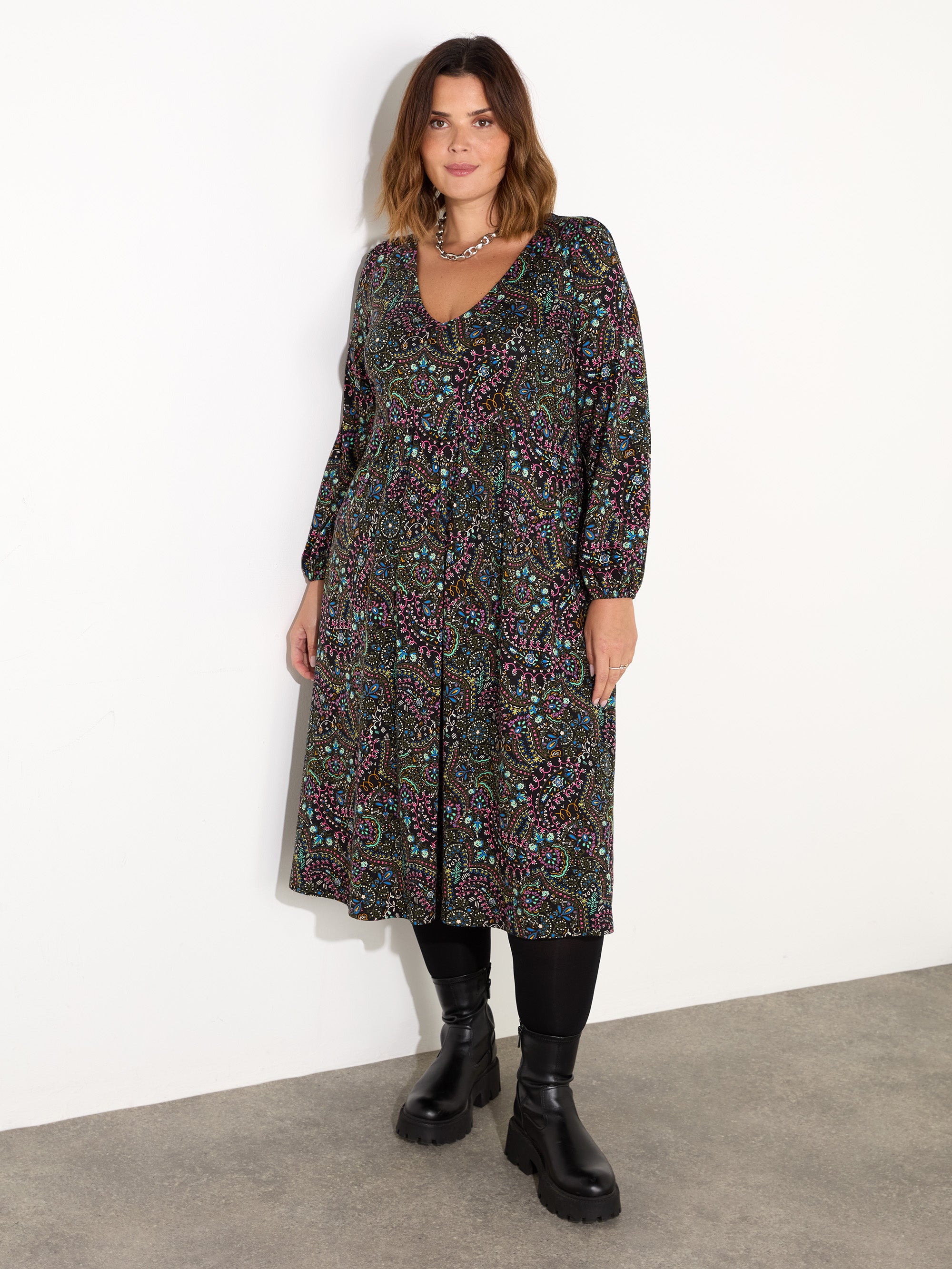 Multi Paisley Gathered V-Neck Jersey Dress