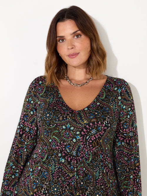 Multi Paisley Gathered V-Neck Jersey Dress