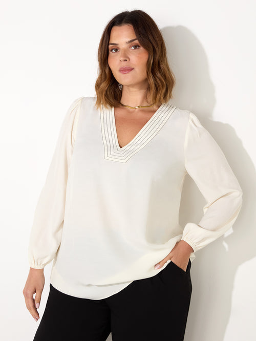 Ivory V-Neck Contrast Stitch Blouse