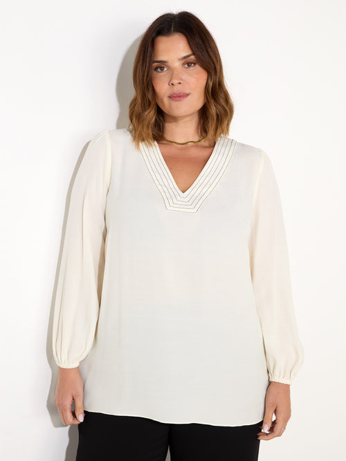 Ivory V-Neck Contrast Stitch Blouse