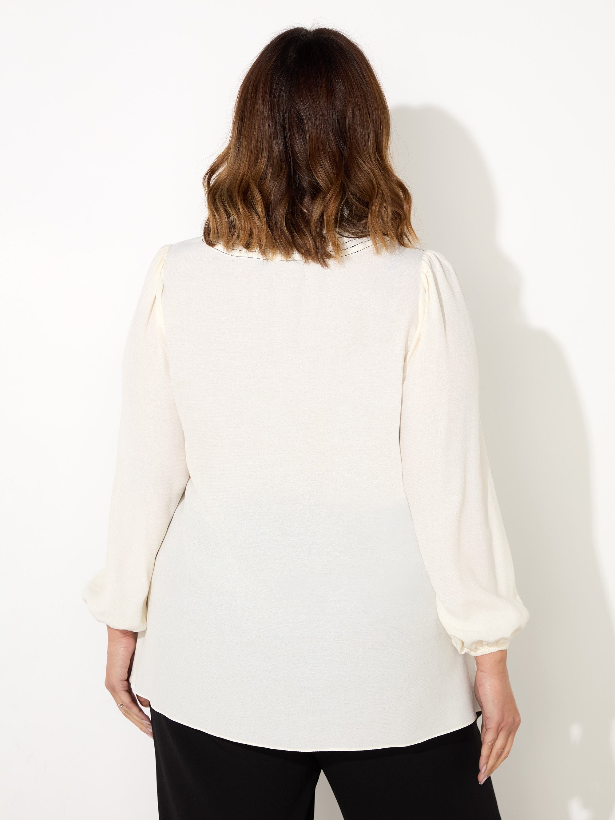 Ivory V-Neck Contrast Stitch Blouse