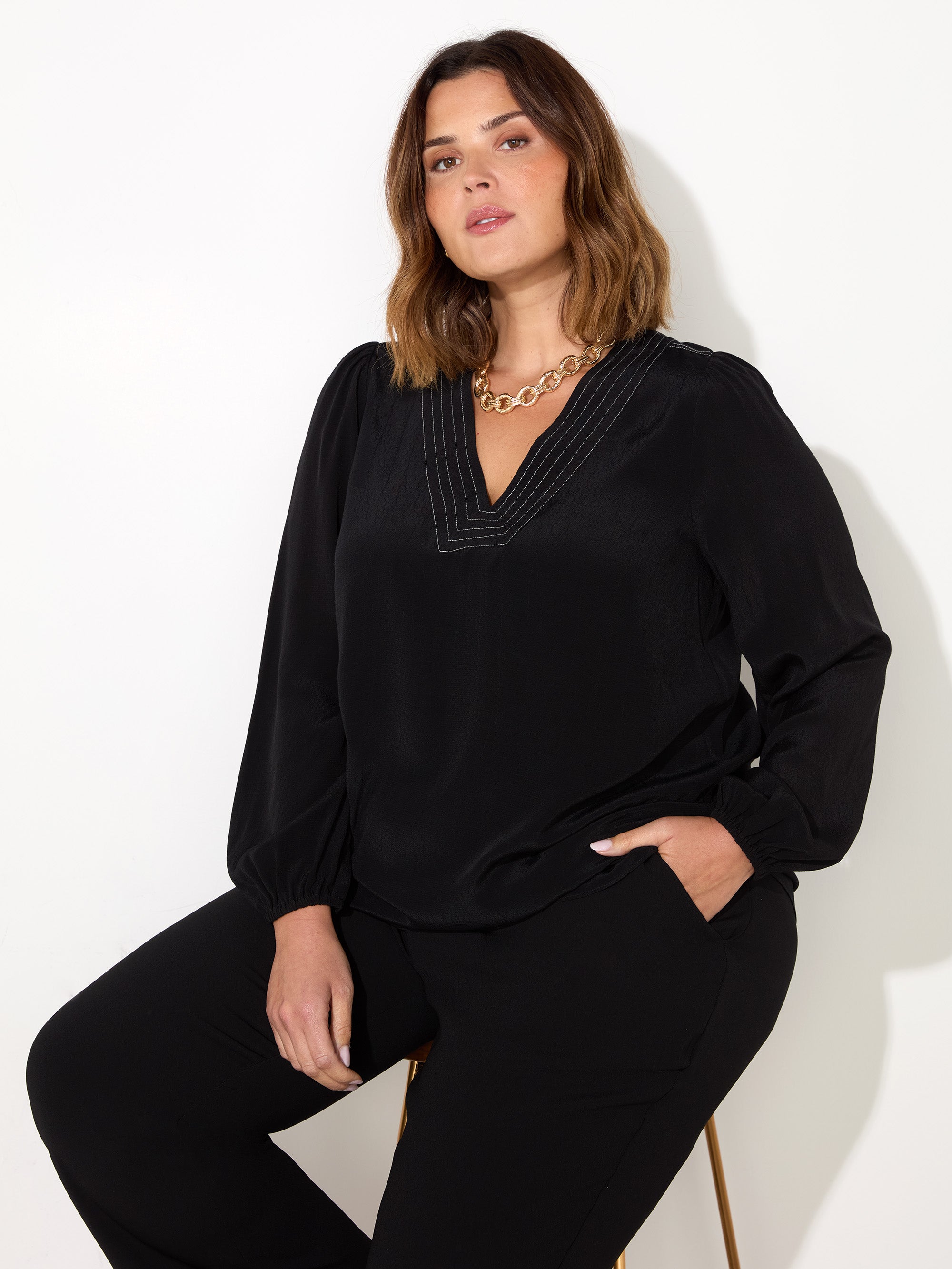 Black V-Neck Contrast Stitch Blouse