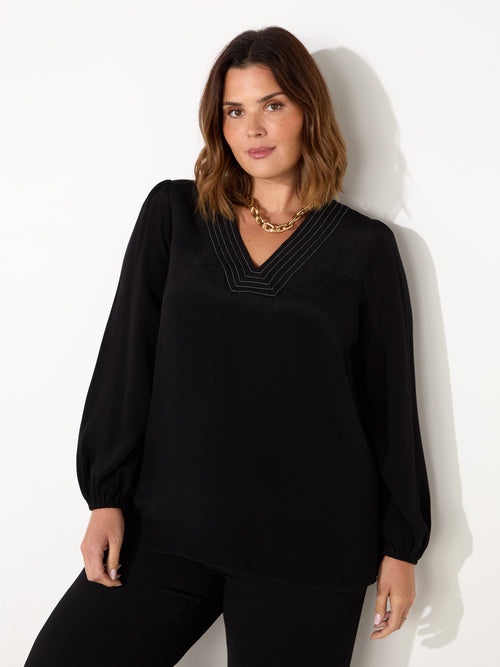 Black V-Neck Contrast Stitch Blouse