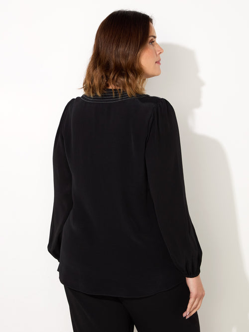 Black V-Neck Contrast Stitch Blouse