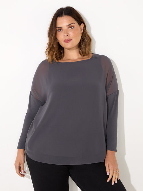 Grey Overlay Chiffon Top With Jersey Sleeves