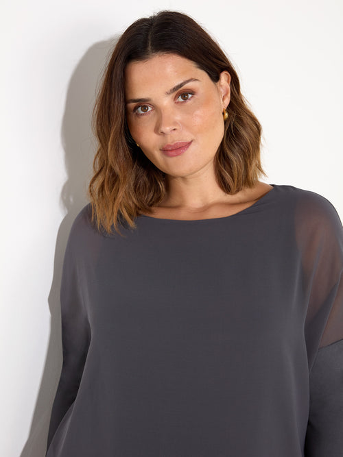 Grey Overlay Chiffon Top With Jersey Sleeves