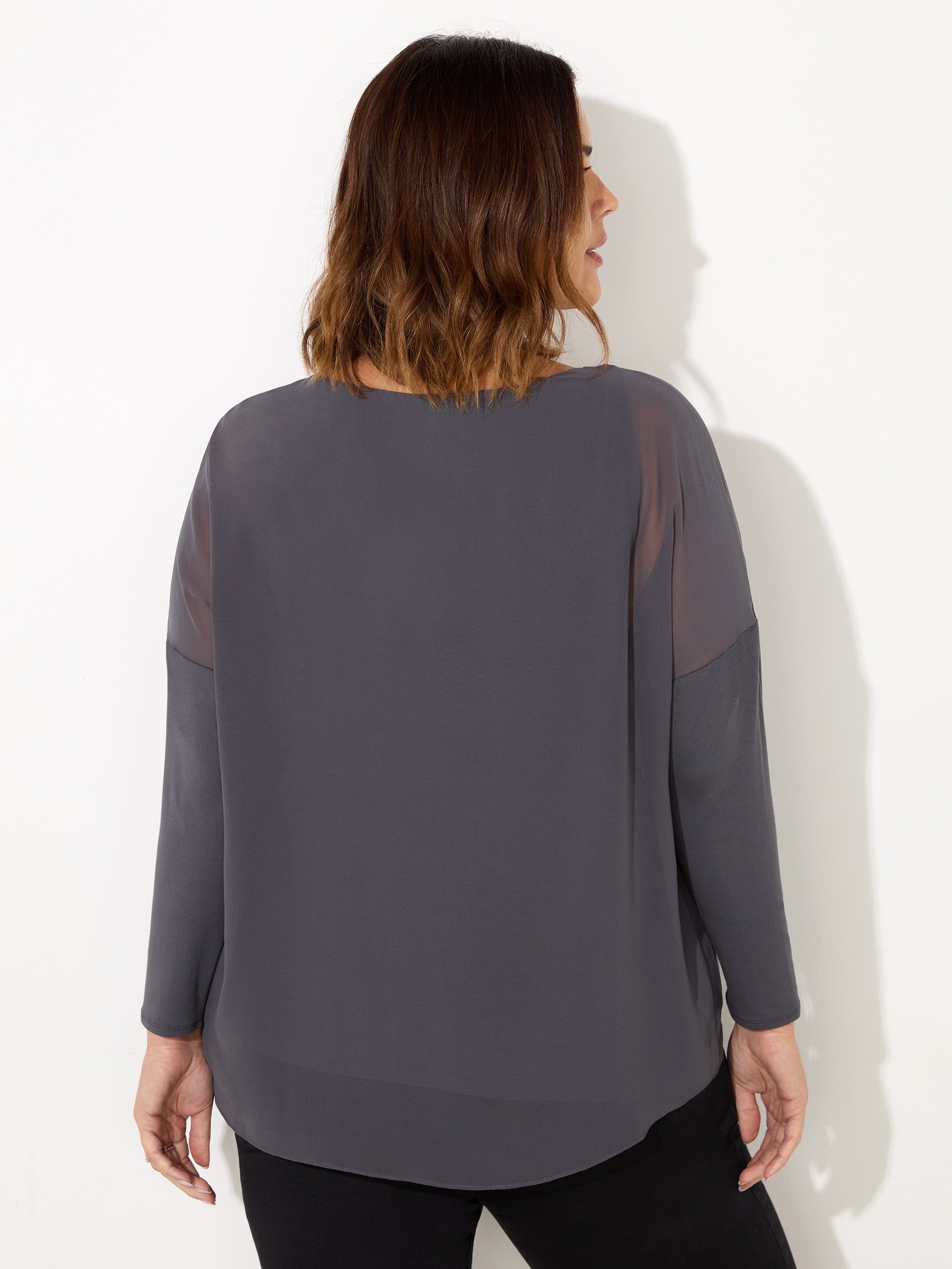 Grey Overlay Chiffon Top With Jersey Sleeves