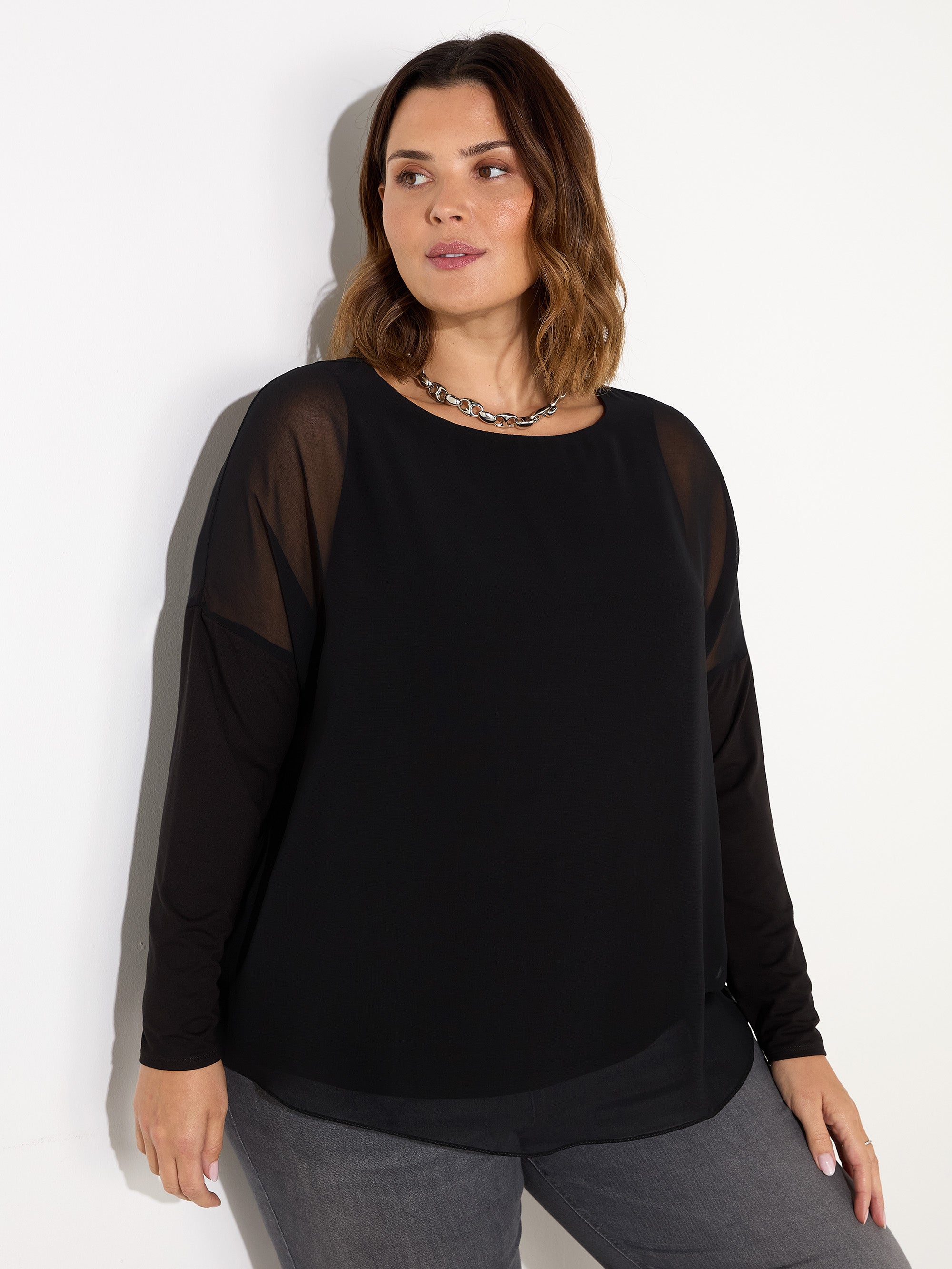 Black Overlay Chiffon Top With Jersey Sleeve