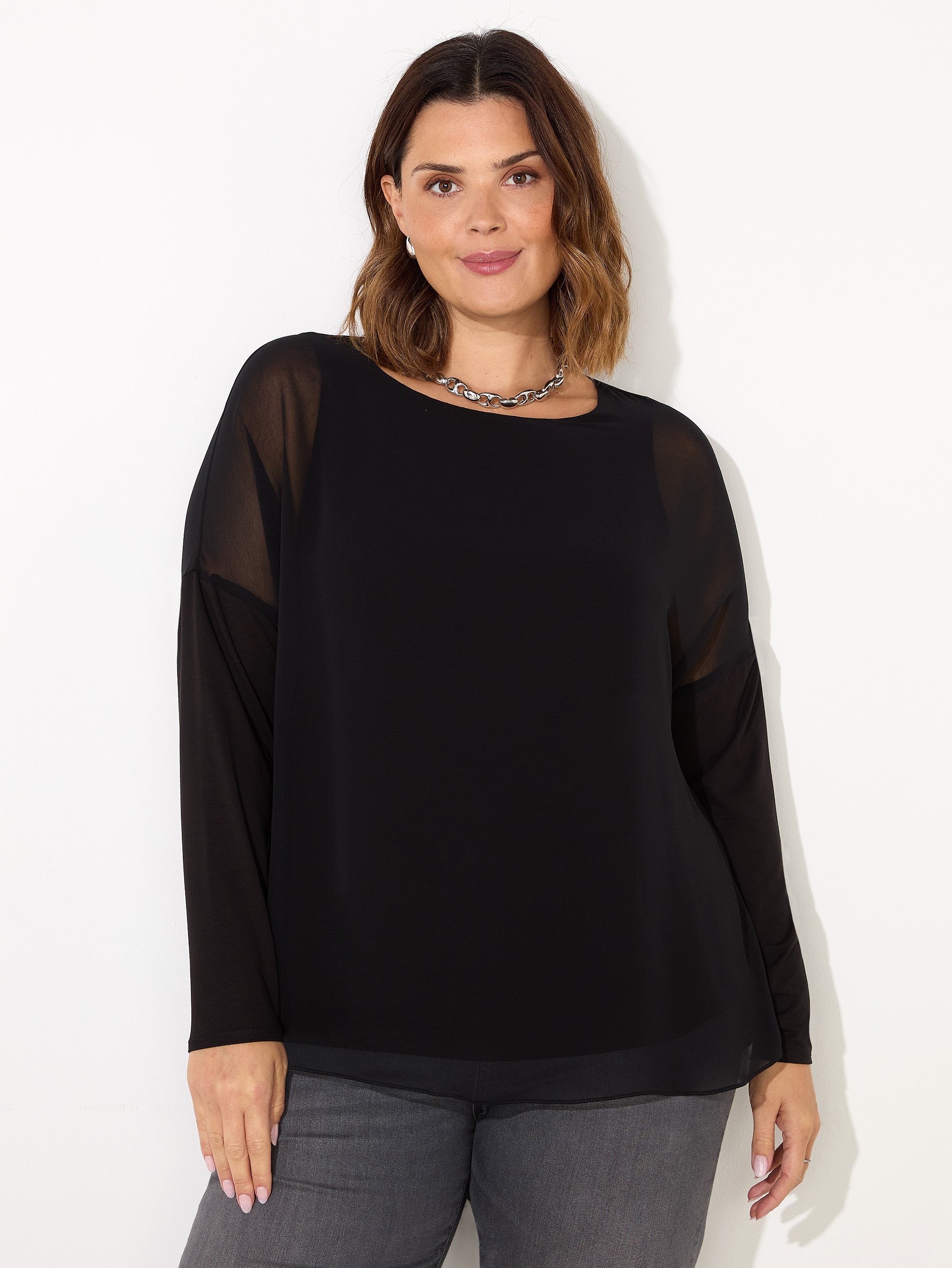 Black Overlay Chiffon Top With Jersey Sleeve