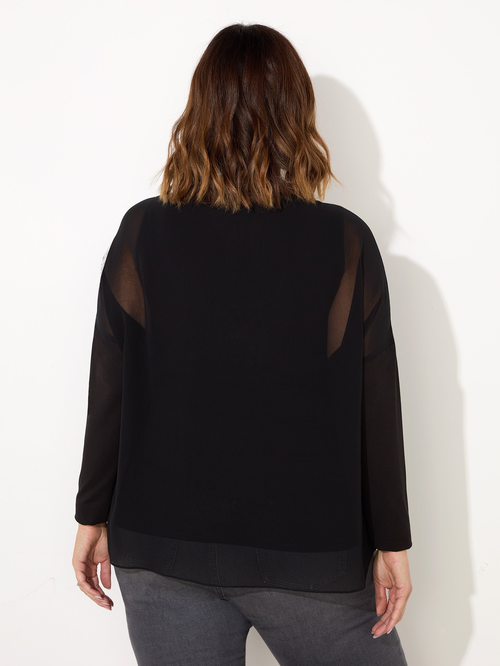 Black Overlay Chiffon Top With Jersey Sleeve