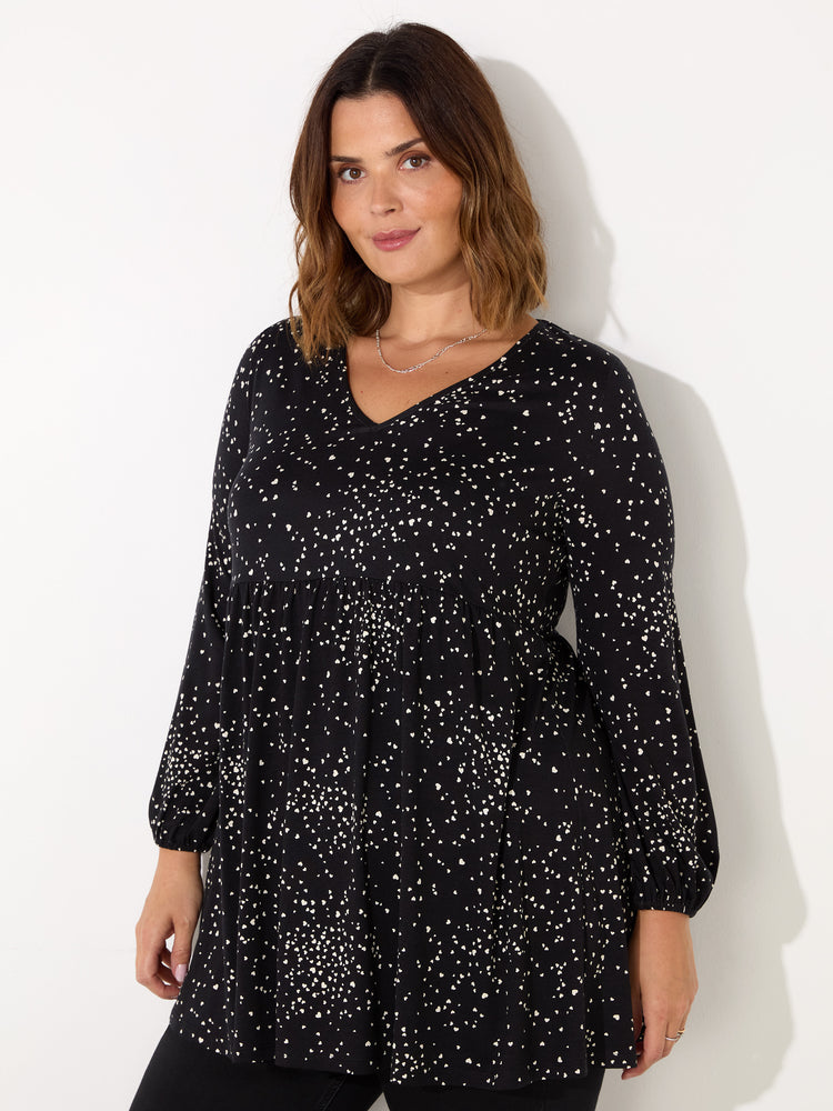 Black Heart Print Gathered V-Neck Tunic