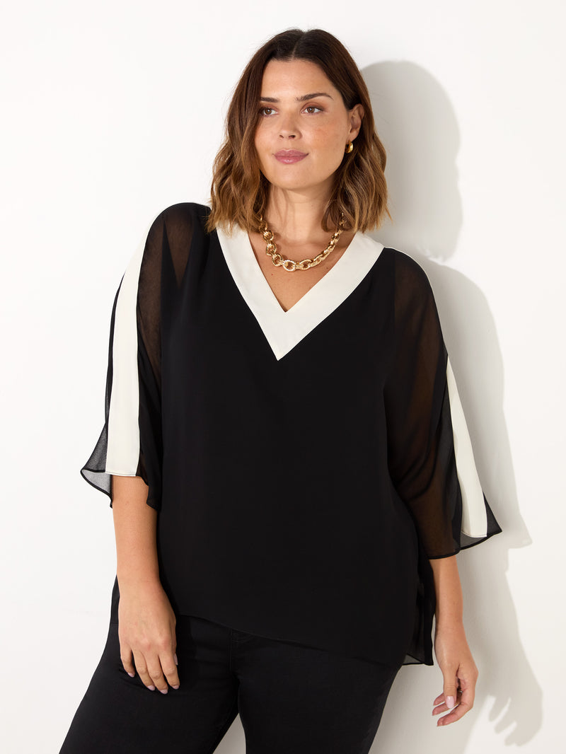 Black V-Neck Colourblock Overlay Top