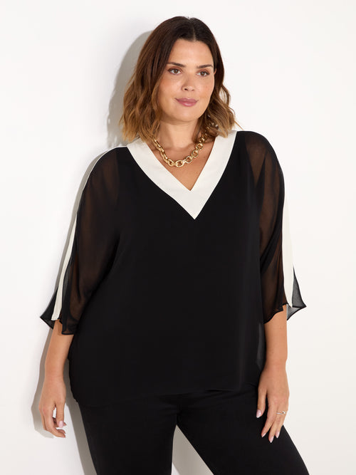 Black V-Neck Colourblock Overlay Top