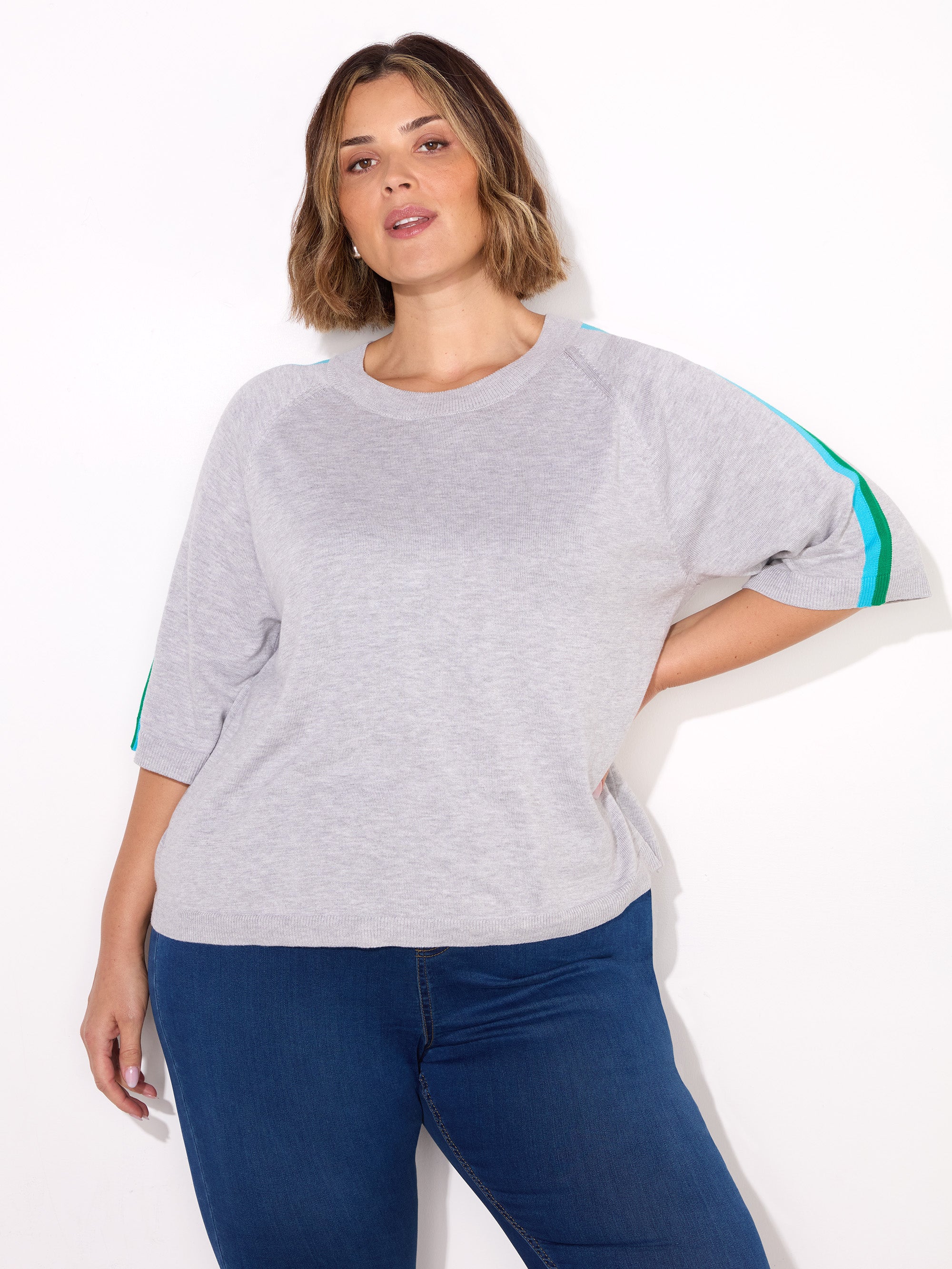 Grey Knitted Contrast Stripe Relaxed T-Shirt