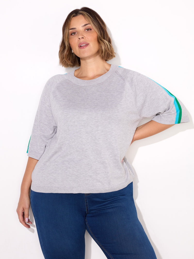 Grey Knitted Contrast Stripe Short Sleeve Jumper