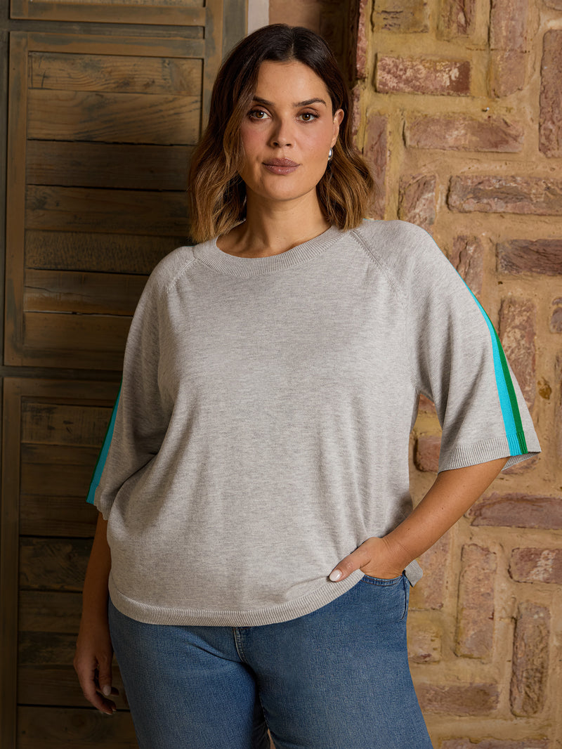 Grey Knitted Contrast Stripe Short Sleeve Jumper