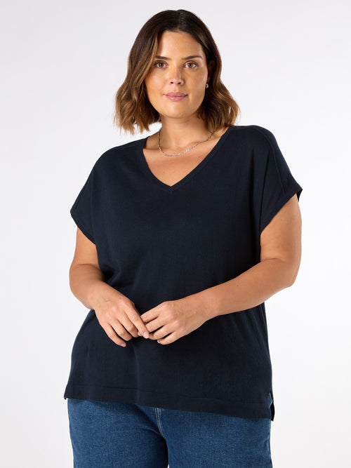 Navy Linen Blend V-Neck Knitted Top