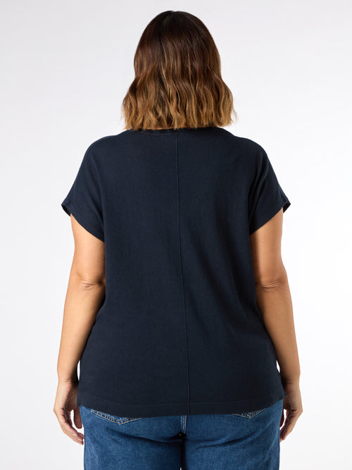 Navy Linen Blend V-Neck Knitted Top