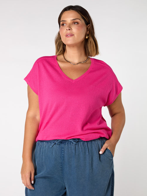 Pink Linen Blend V-Neck Knitted Top