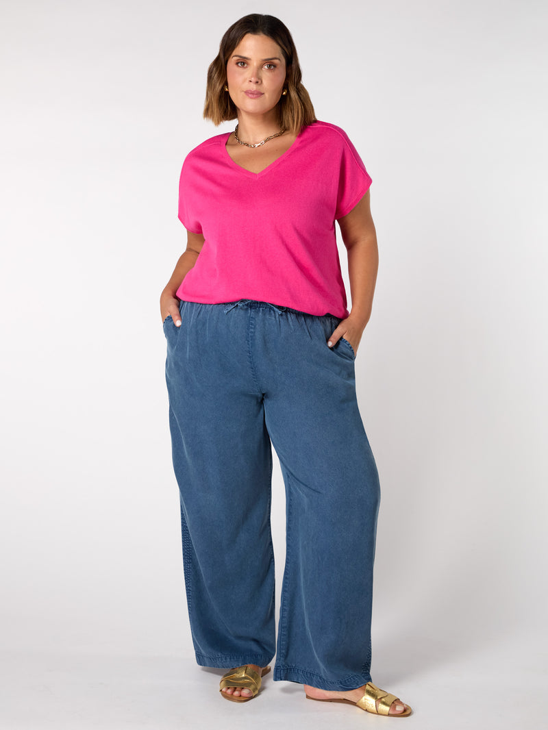 Pink Linen Blend V-Neck Knitted Top