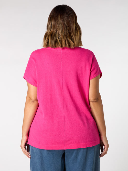 Pink Linen Blend V-Neck Knitted Top