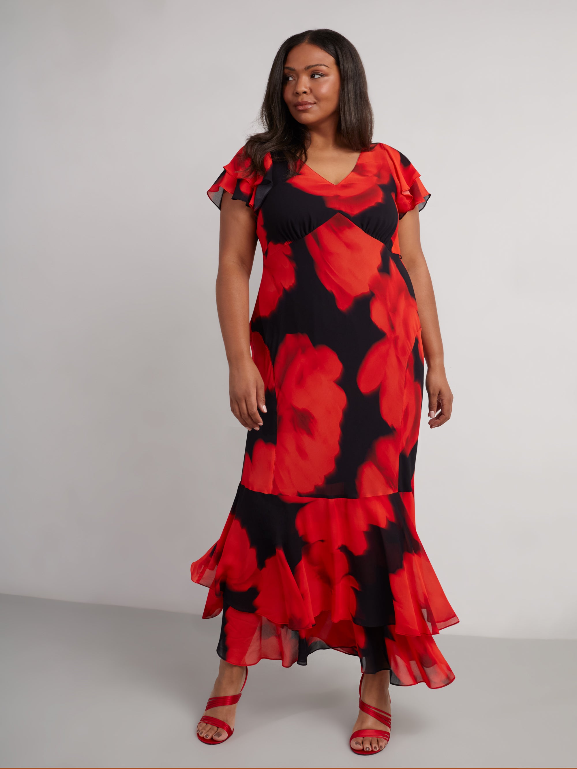 Petite Red Floral Ruffle Shoulder Maxi Dress