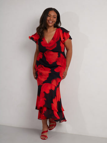 Pastel Red Floral Print Ruffle Trim Plunge Neckline Maxi Dress