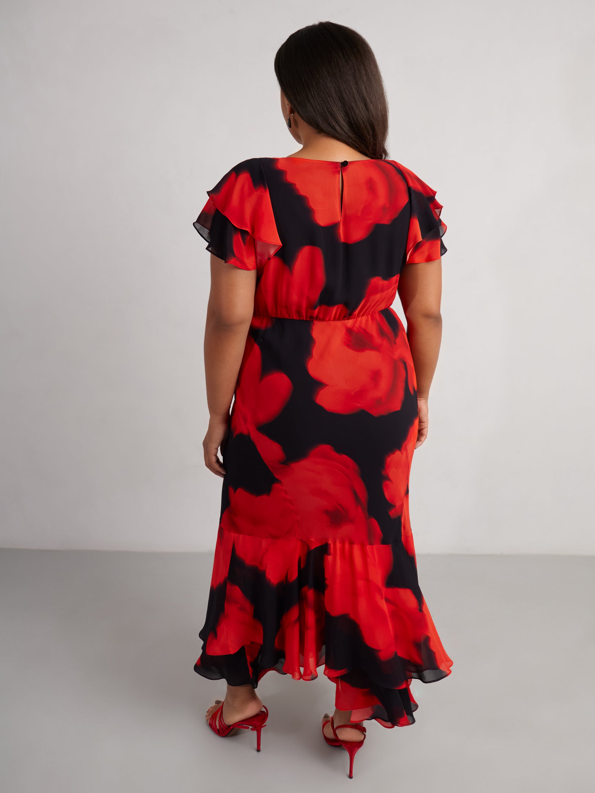 Petite Red Floral Ruffle Shoulder Maxi Dress