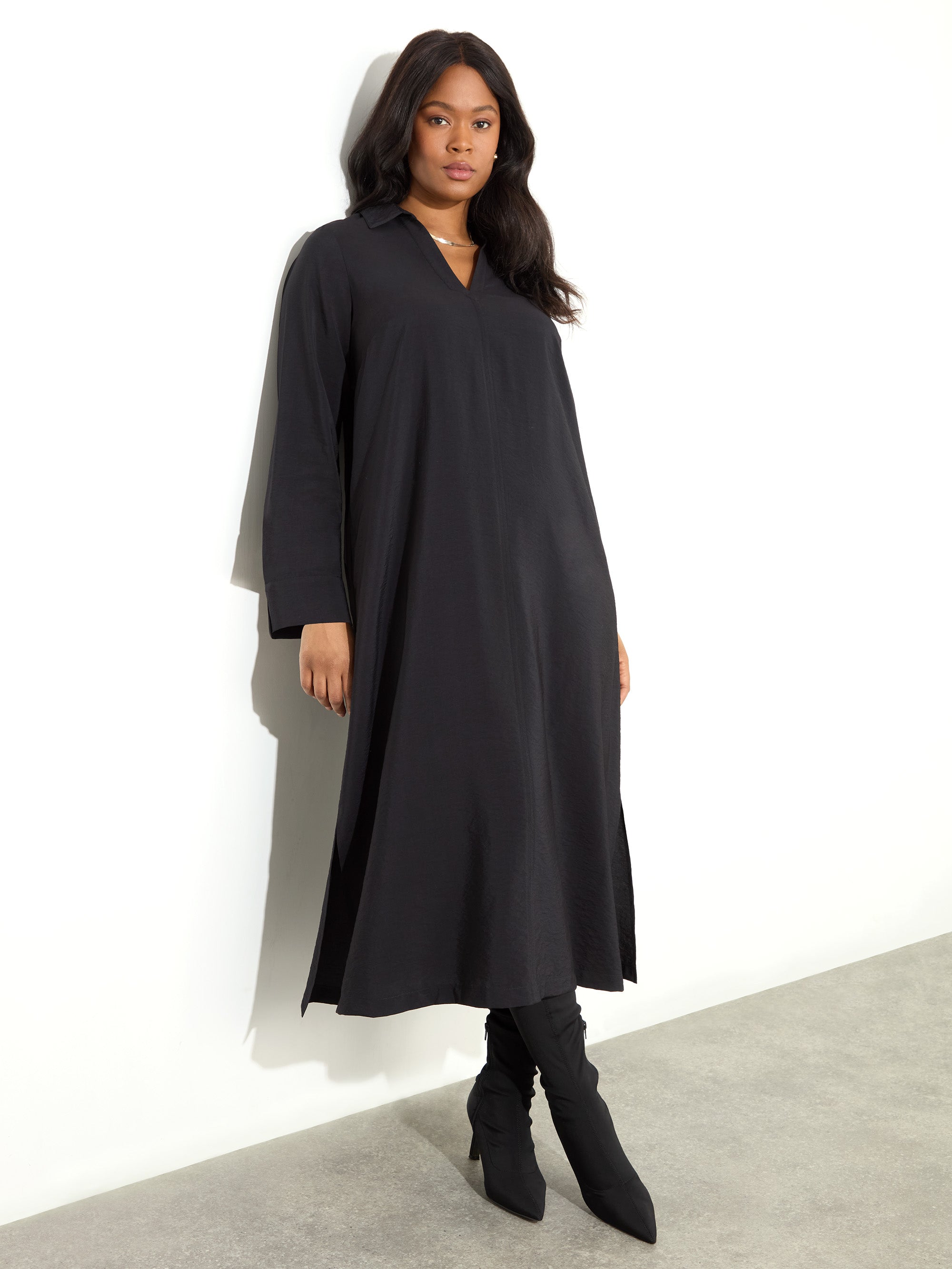 Black Collared Midaxi Dress With Notch Sleeves