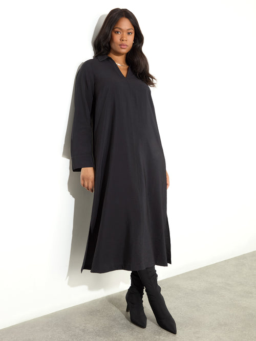 Black Collared Midaxi Dress With Notch Sleeves