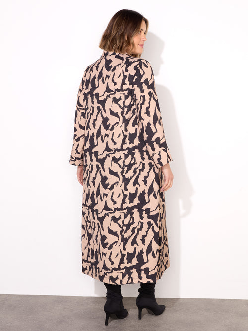 Mono Print Collared Midaxi Dress With Notch Sleeves