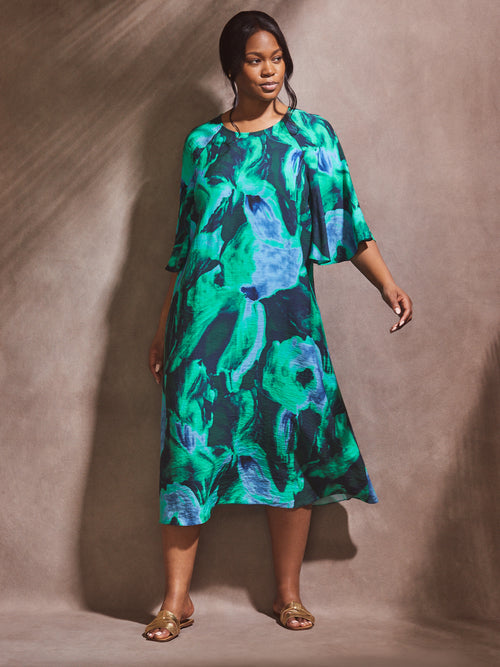 Green Abstract Print Flutter Sleeve Midi Dress